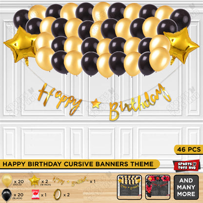 Happy Birthday Cursive Banner Theme - Gold & Black