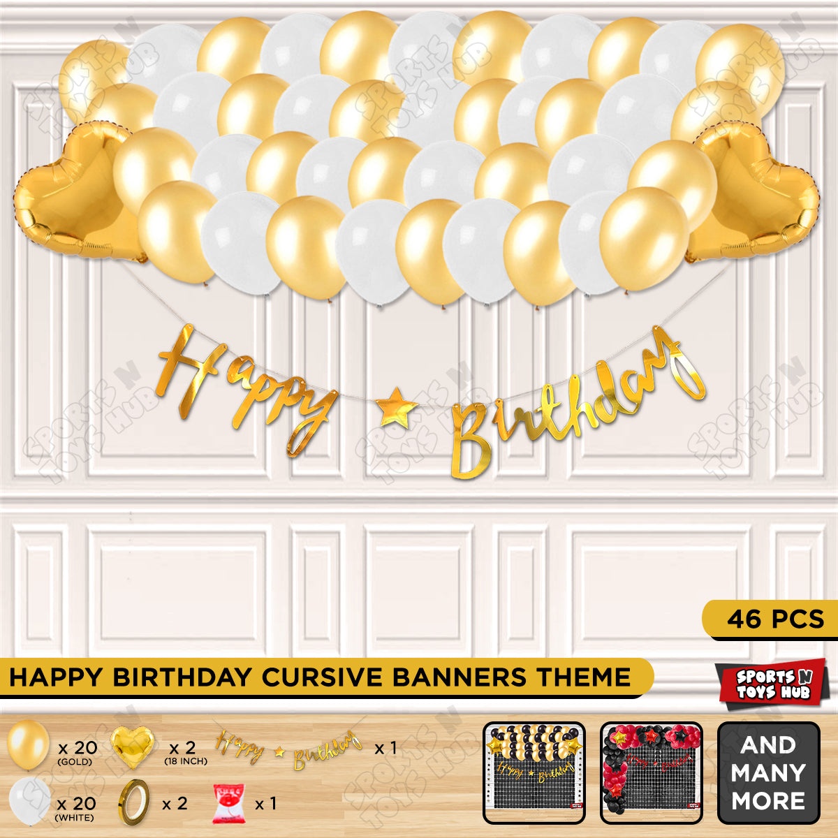 Happy Birthday Cursive Banner Theme - White & Gold
