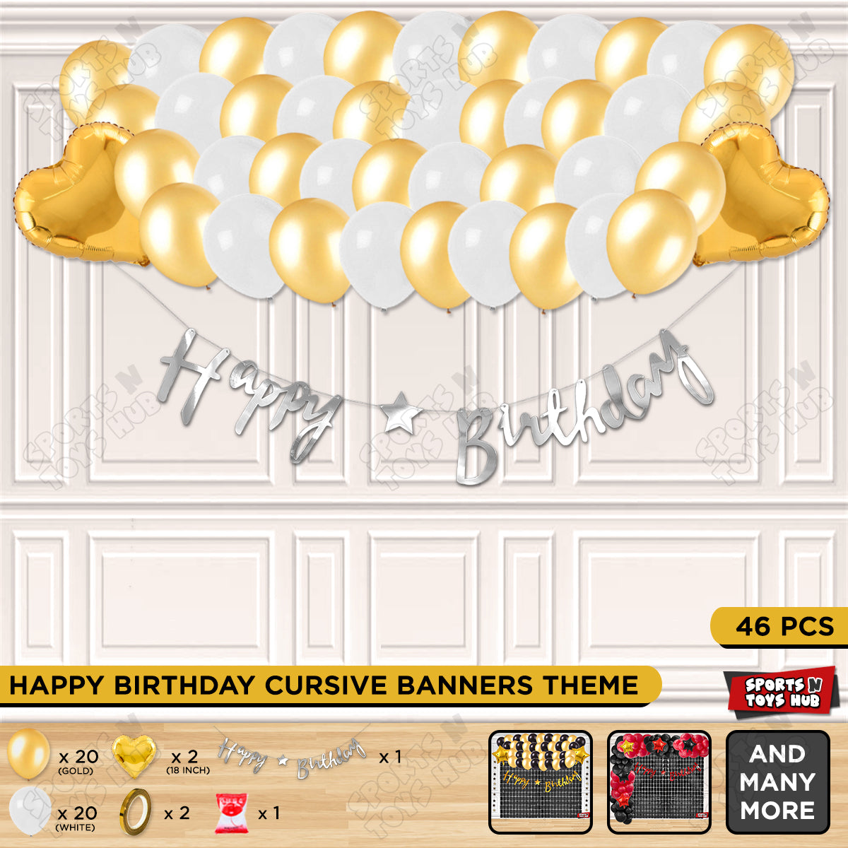 Happy Birthday Cursive Banner Theme - White & Gold