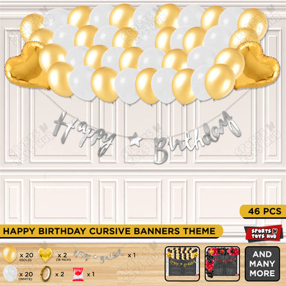 Happy Birthday Cursive Banner Theme - White & Gold