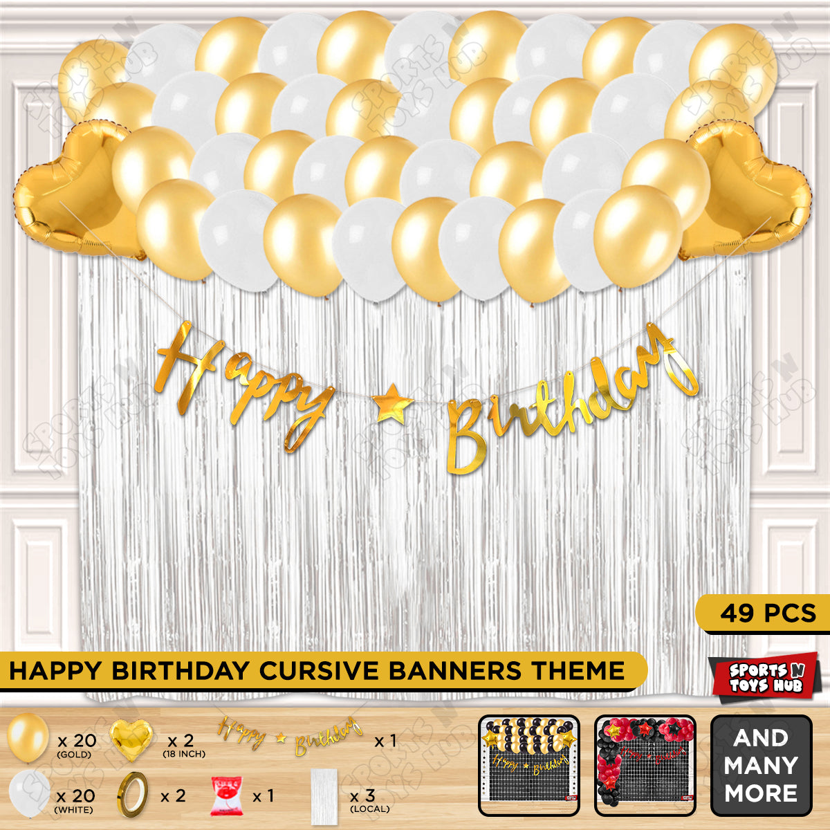 Happy Birthday Cursive Banner Theme - White & Gold