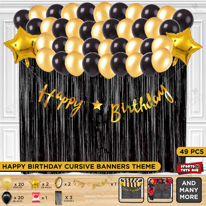 Happy Birthday Cursive Banner Theme - Gold & Black