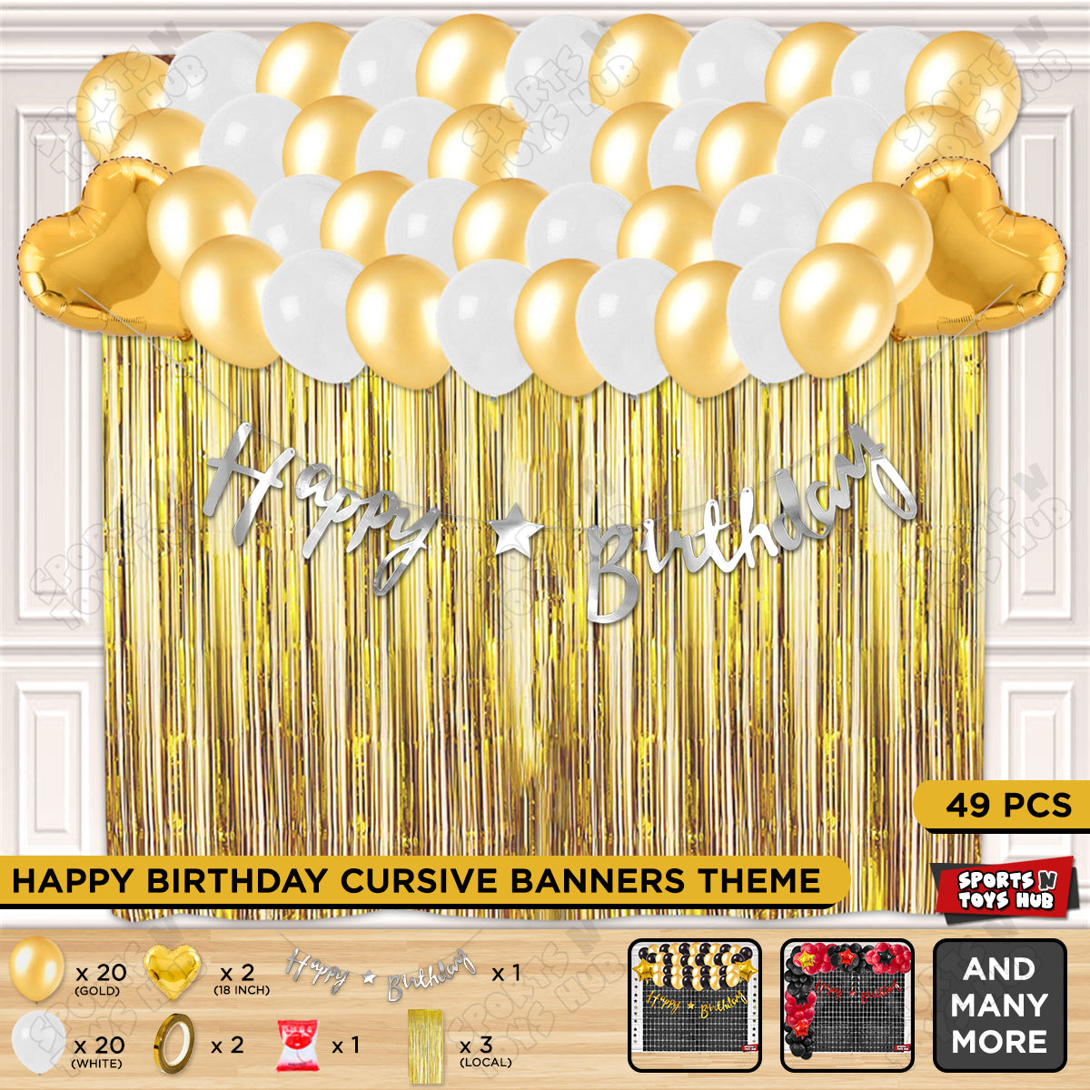 Happy Birthday Cursive Banner Theme - White & Gold