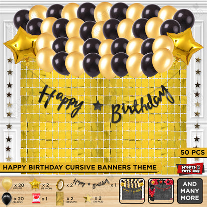 Happy Birthday Cursive Banner Theme - Gold & Black