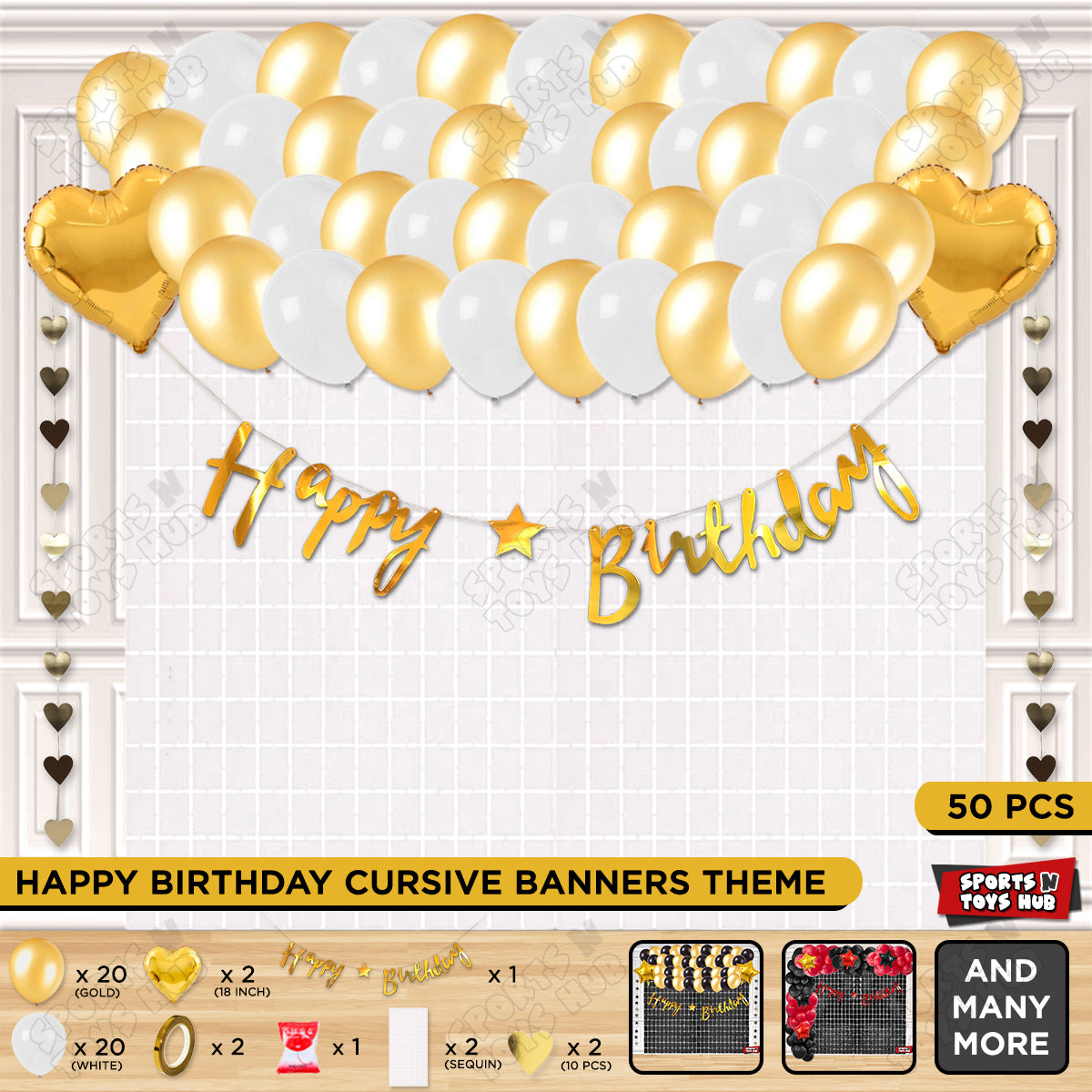Happy Birthday Cursive Banner Theme - White & Gold