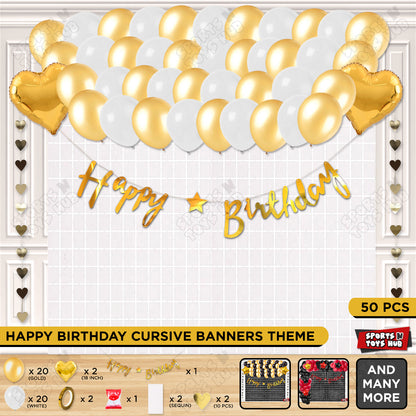 Happy Birthday Cursive Banner Theme - White & Gold