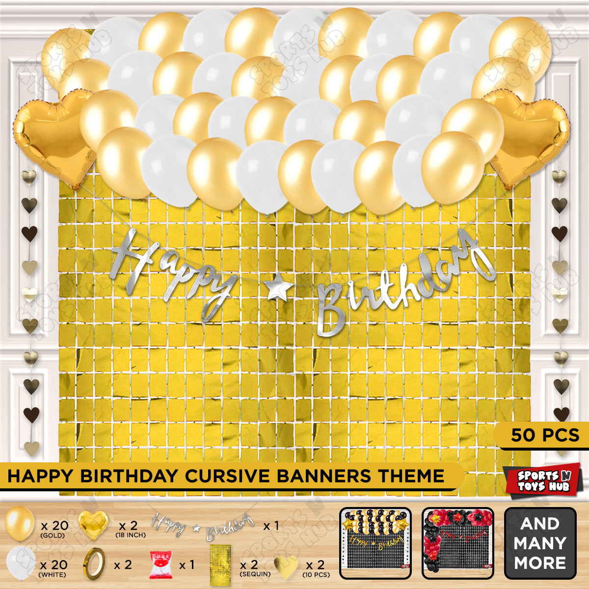 Happy Birthday Cursive Banner Theme - White & Gold