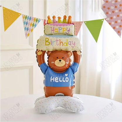 4D Happy Birthday With Hello Teddy Bear Foil Balloon Stand - 112x63 CM