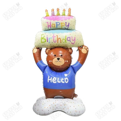 4D Happy Birthday With Hello Teddy Bear Foil Balloon Stand - 112x63 CM