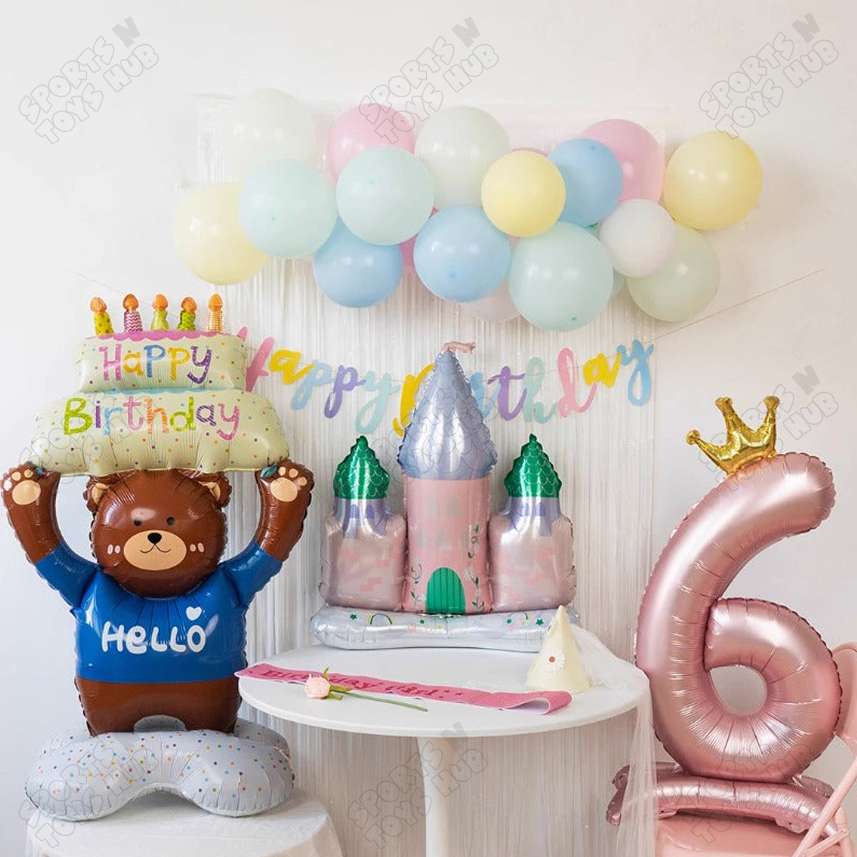 4D Happy Birthday With Hello Teddy Bear Foil Balloon Stand - 112x63 CM