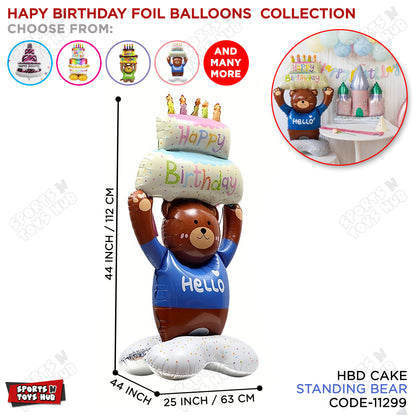 4D Happy Birthday With Hello Teddy Bear Foil Balloon Stand - 112x63 CM