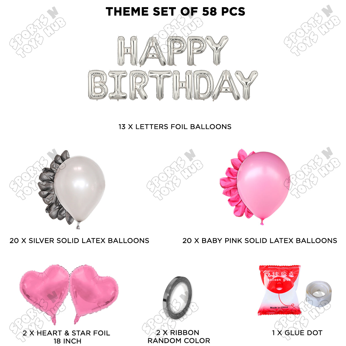 Happy Birthday Foil Letter Theme - Silver & Baby Pink