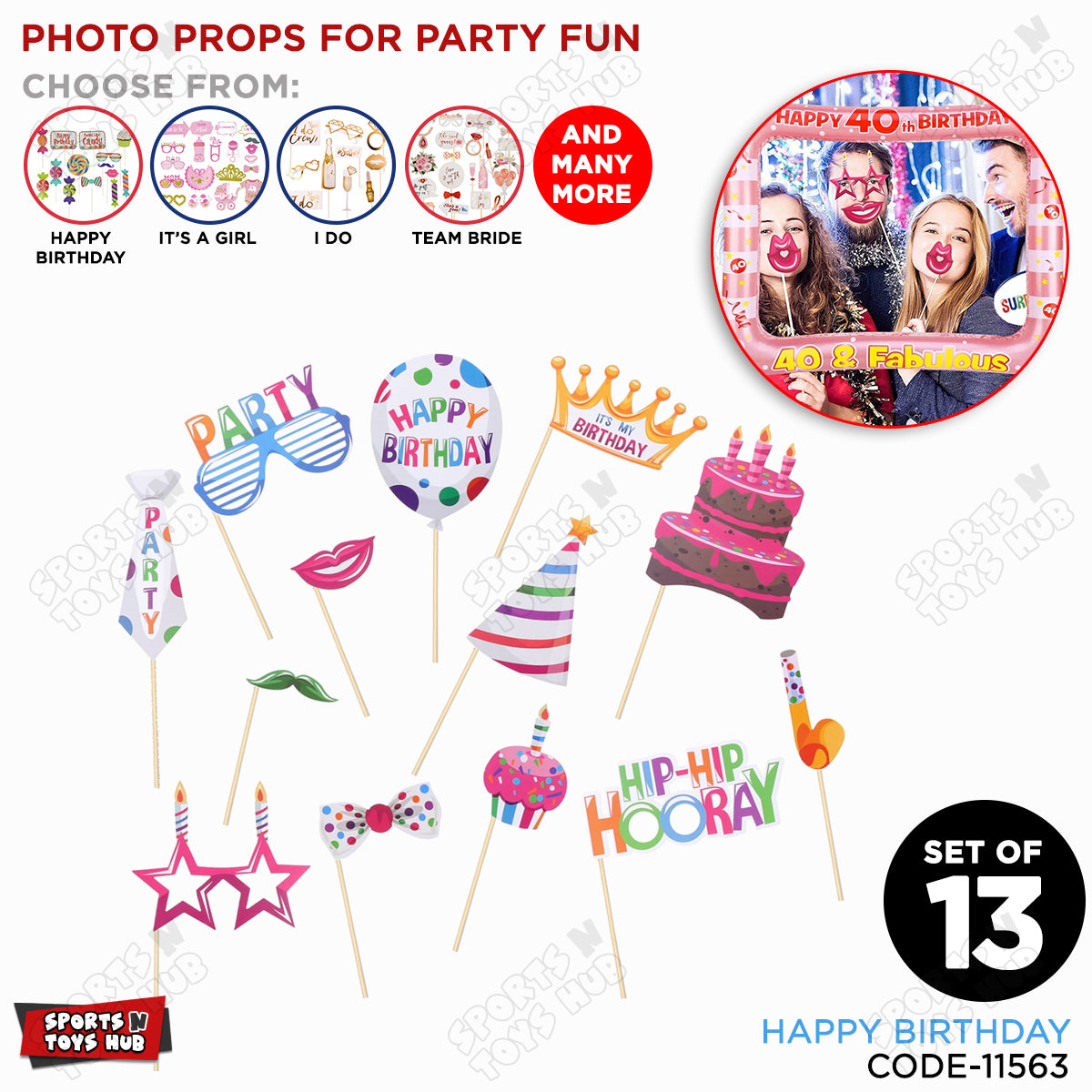 Happy Birthday Hip Hooray Photo Props - 13 Pcs