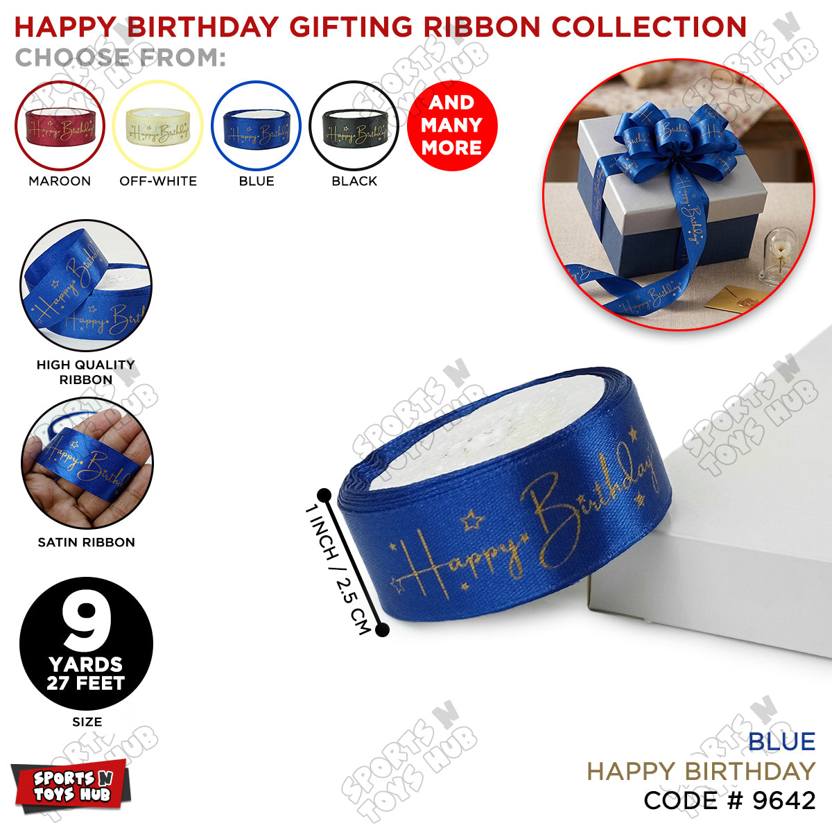 Happy Birthday Printed Satin Ribbon Roll - 1 Inch x 9 Yards