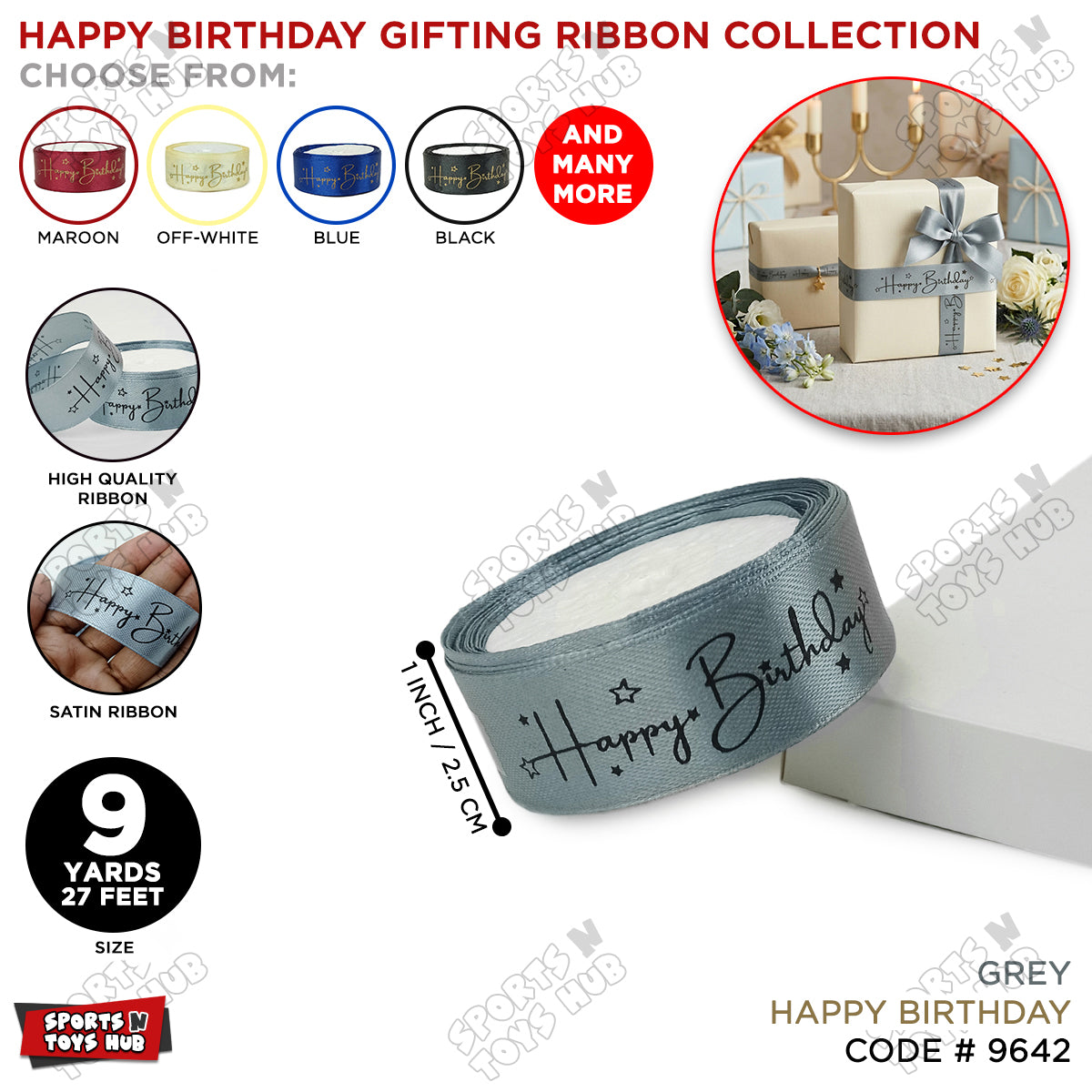 Happy Birthday Printed Satin Ribbon Roll - 1 Inch x 9 Yards