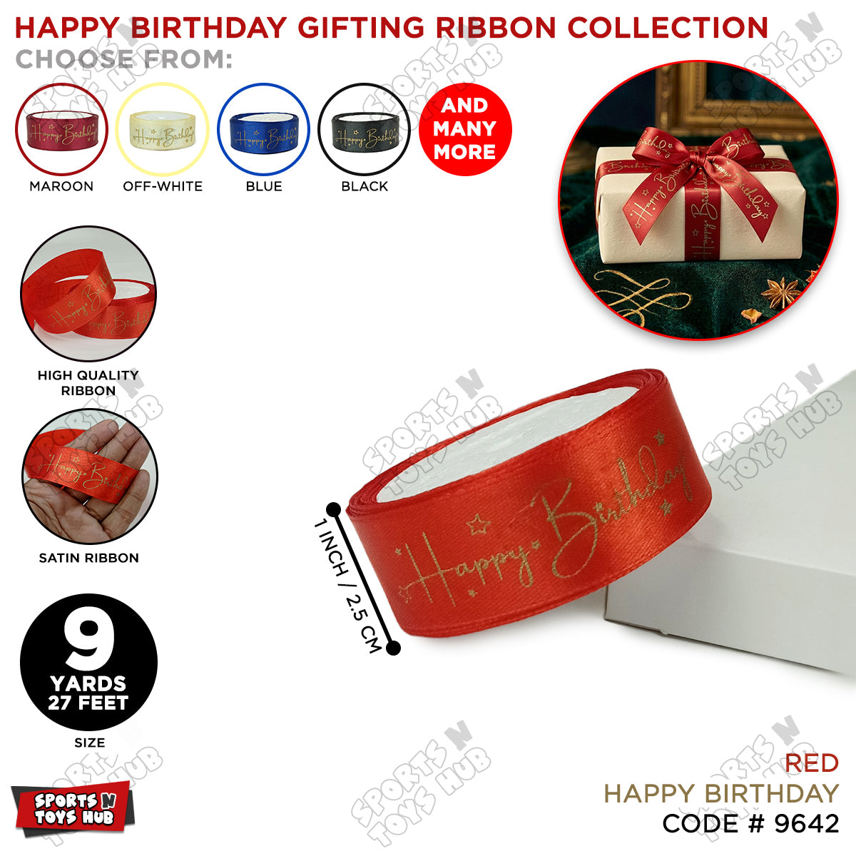 Happy Birthday Printed Satin Ribbon Roll - 1 Inch x 9 Yards
