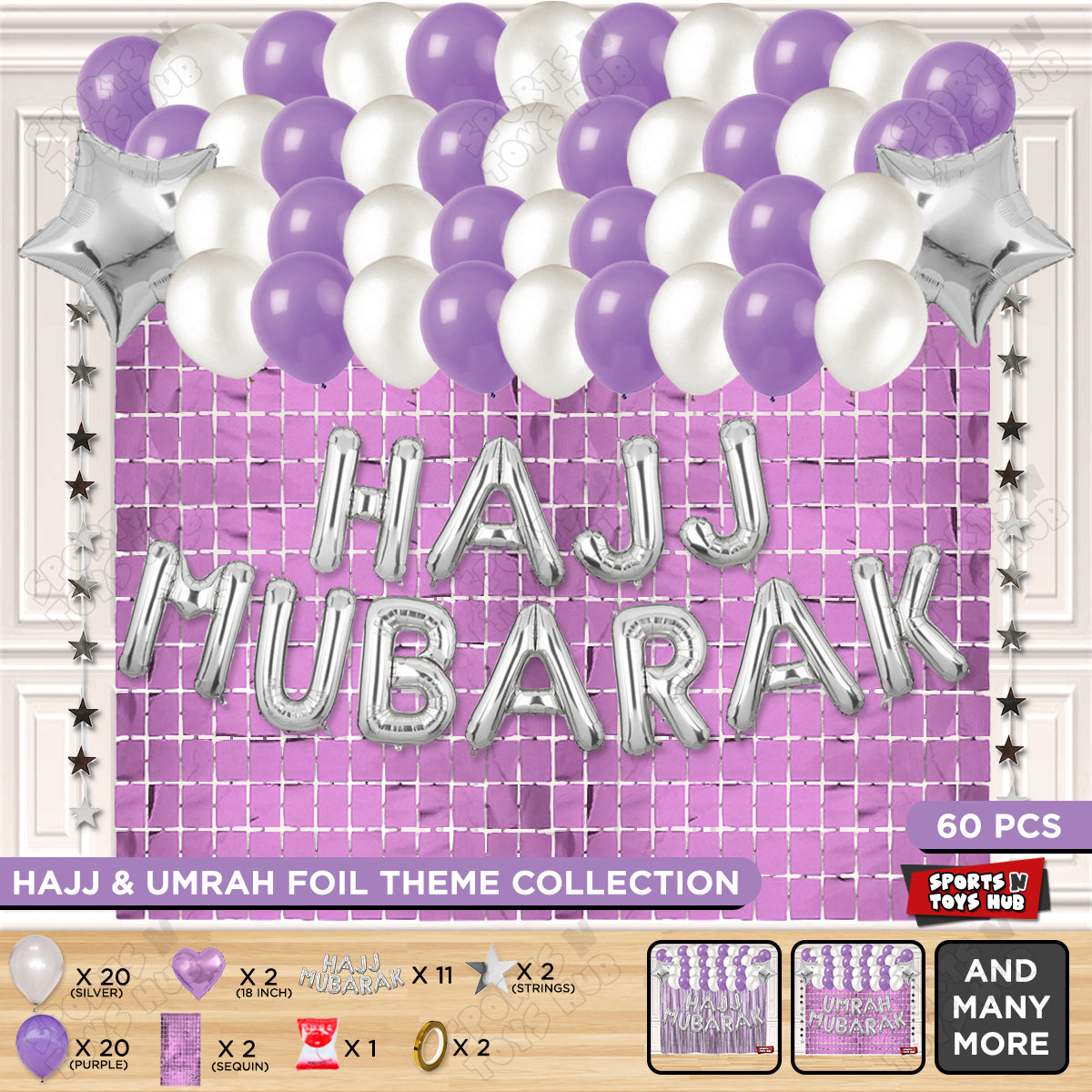 Hajj Mubarak Silver Foil Letter Rectangle Curtain Theme Collection