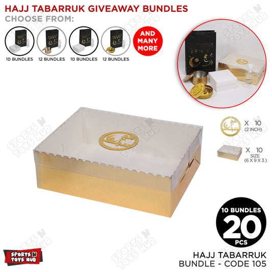 Hajj Tabarruk Bundle - 6x9x3 Transparent Lid Cardboard Box with Acrylic Tag - 20 pcs / 10 Bundles
