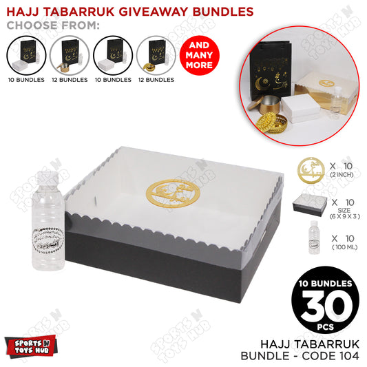 Hajj Tabarruk Bundle - 6x9x3 Transparent Lid Cardboard Box with Acrylic Tags & 100ml Zam Zam Bottle - 30 pcs / 10 Bundles