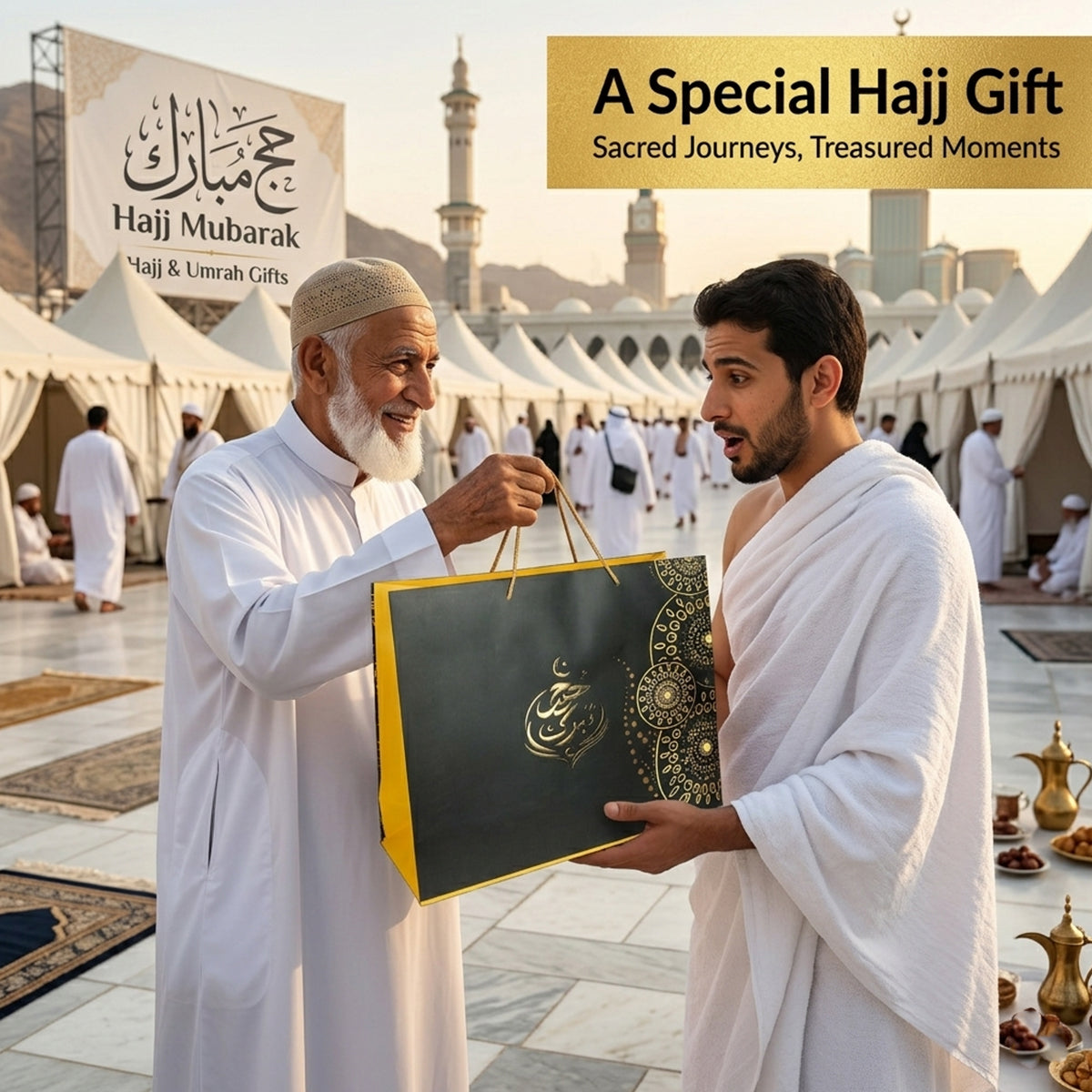 Hajj Taburrak Printed Large Size Cardstock Bag with Gold Foil Embossing Suitable for Prayer Mat and Big Gifts - Pack Of 5