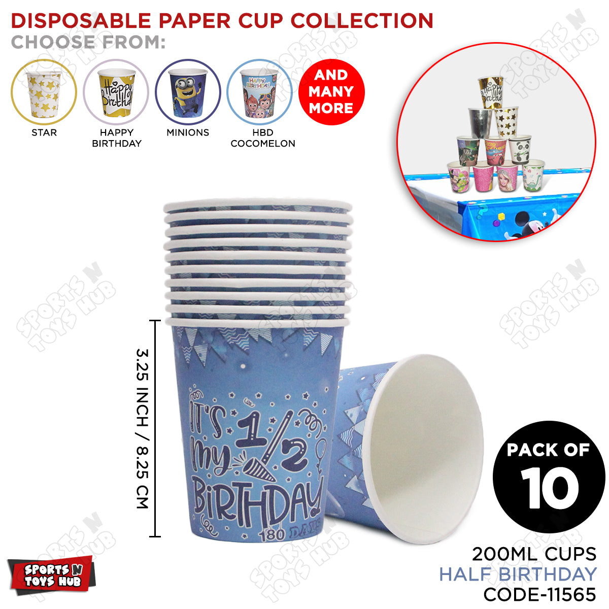 Half Birthday Printed Blue Cups - Pack Of 10
