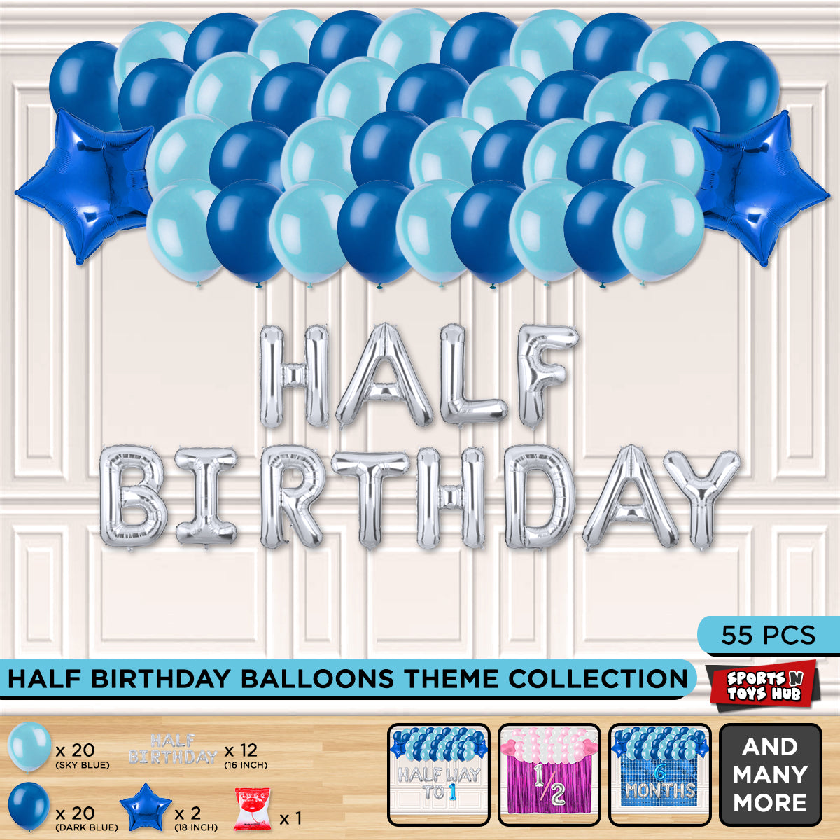 Half Birthday Foil Letter Theme Without Curtain - Blue