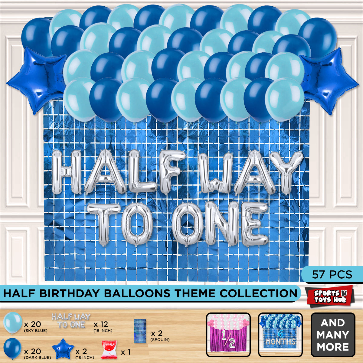Half Birthday Foil Letter Theme With Rectangle Curtain - Blue