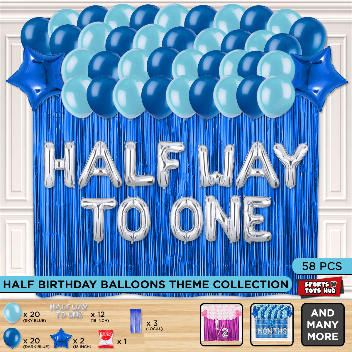 Half Birthday Foil Letter Theme With Curtain - Blue