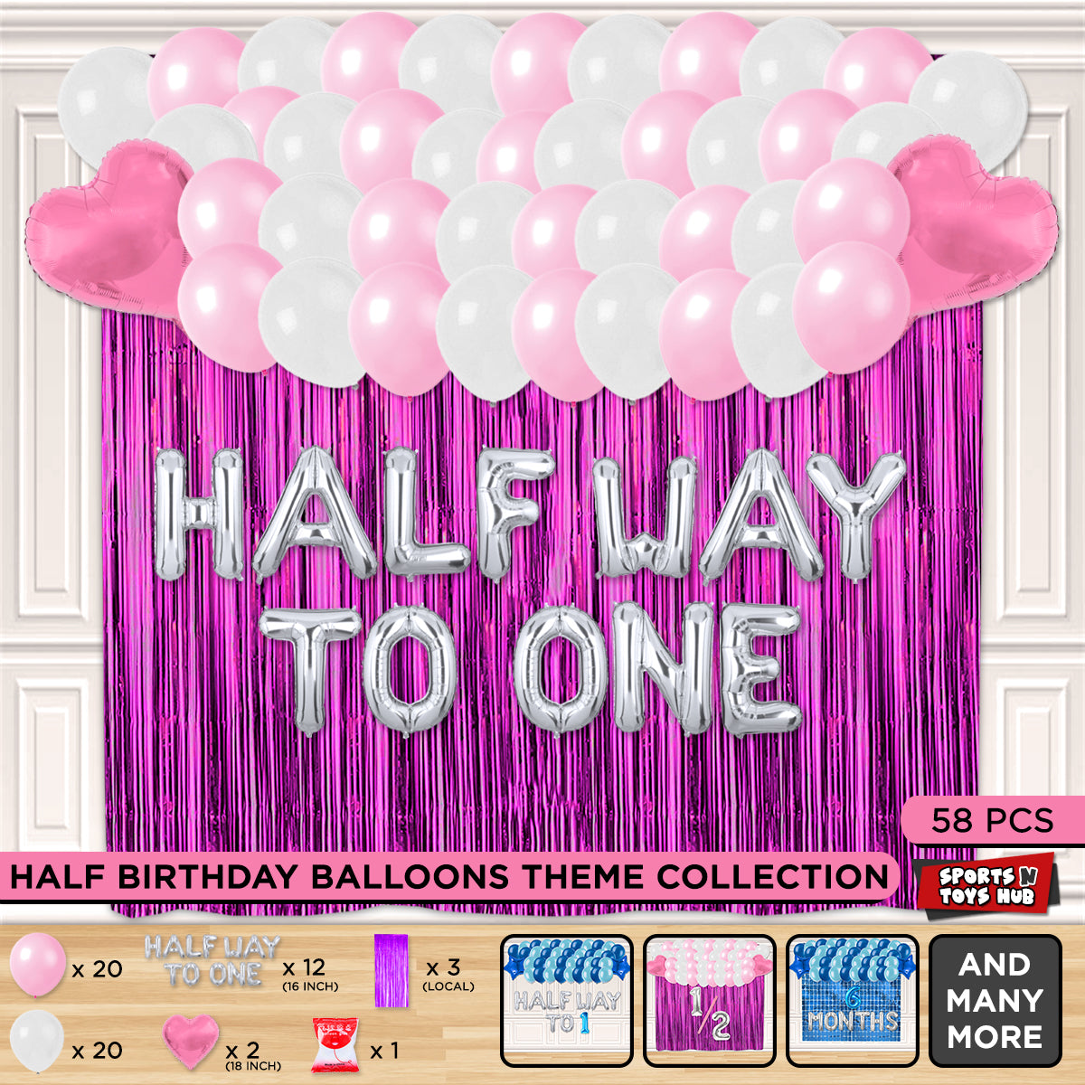 Half Birthday Foil Letter Theme With Curtain - Pink