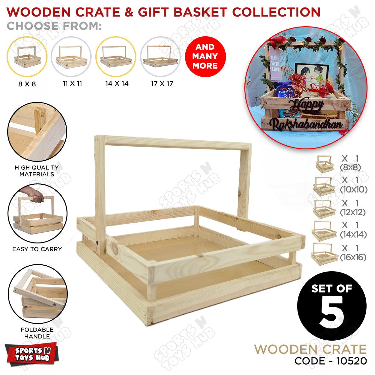 Set Of 5 - Wooden Crate Gift Basket With Foldable Handle