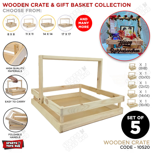 Set Of 5 - Wooden Crate Gift Basket With Foldable Handle