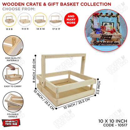 Wooden Crate Gift Basket With Foldable Handle