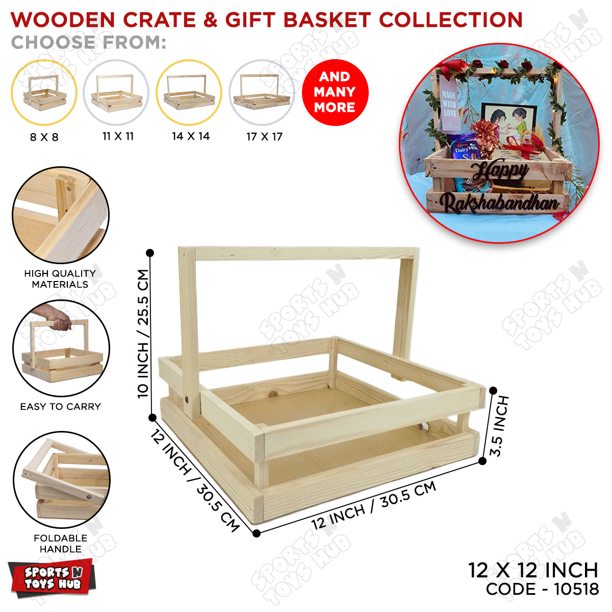 Wooden Crate Gift Basket With Foldable Handle