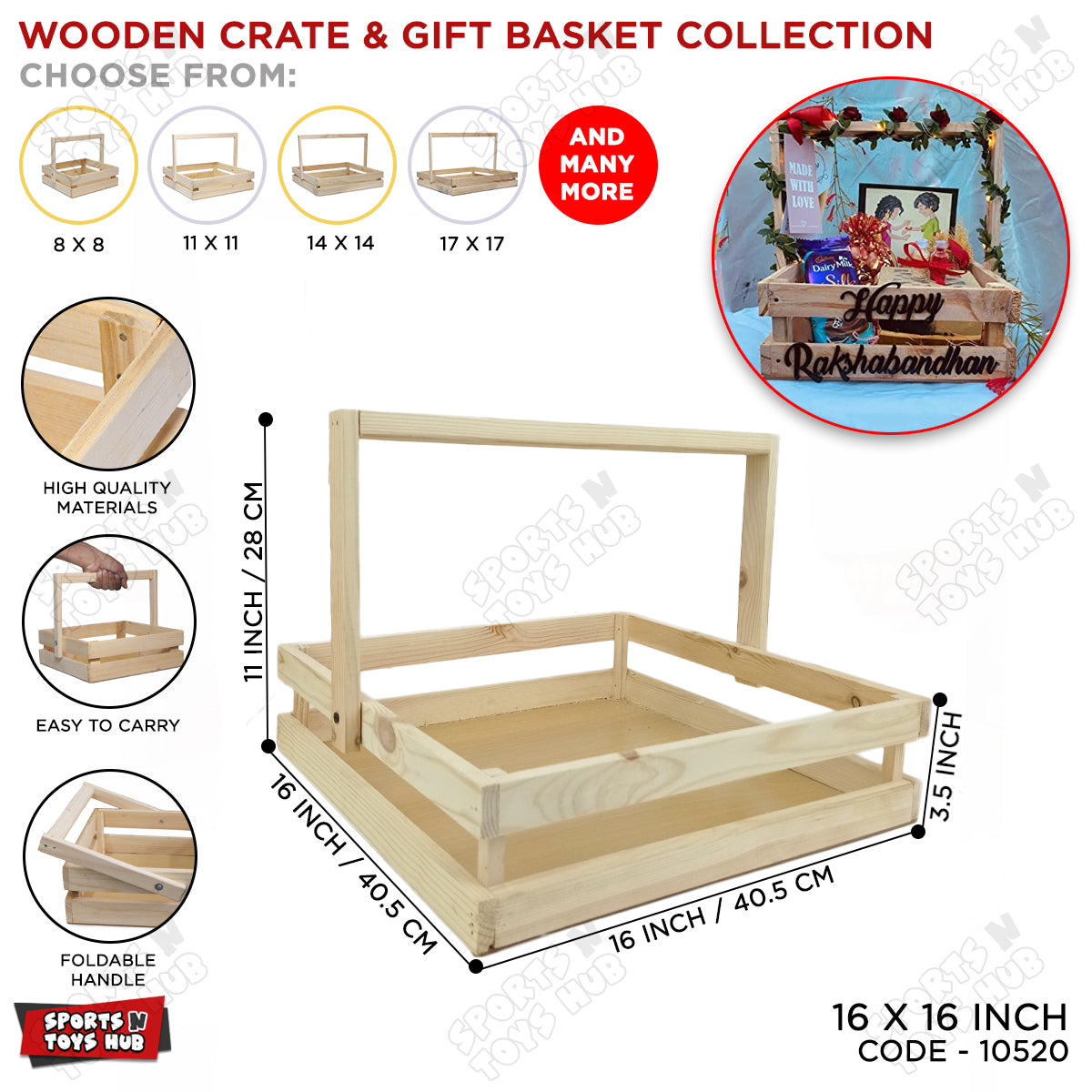 Wooden Crate Gift Basket With Foldable Handle