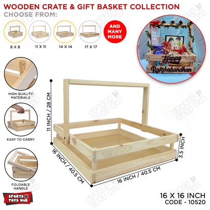Wooden Crate Gift Basket With Foldable Handle