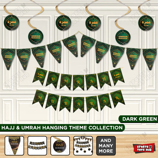 Umrah Mubarak Theme Pack - Hanging Swirls, Flag Garland and Card Banner