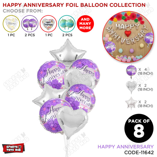 Happy Anniversary Printed Round Foil Balloon - Pack Of 8