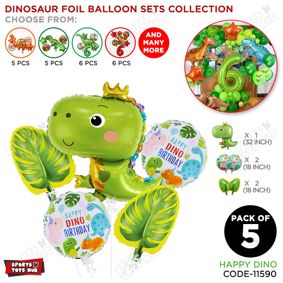 Happy Dino Pack Of 5 Foil Balloon Set
