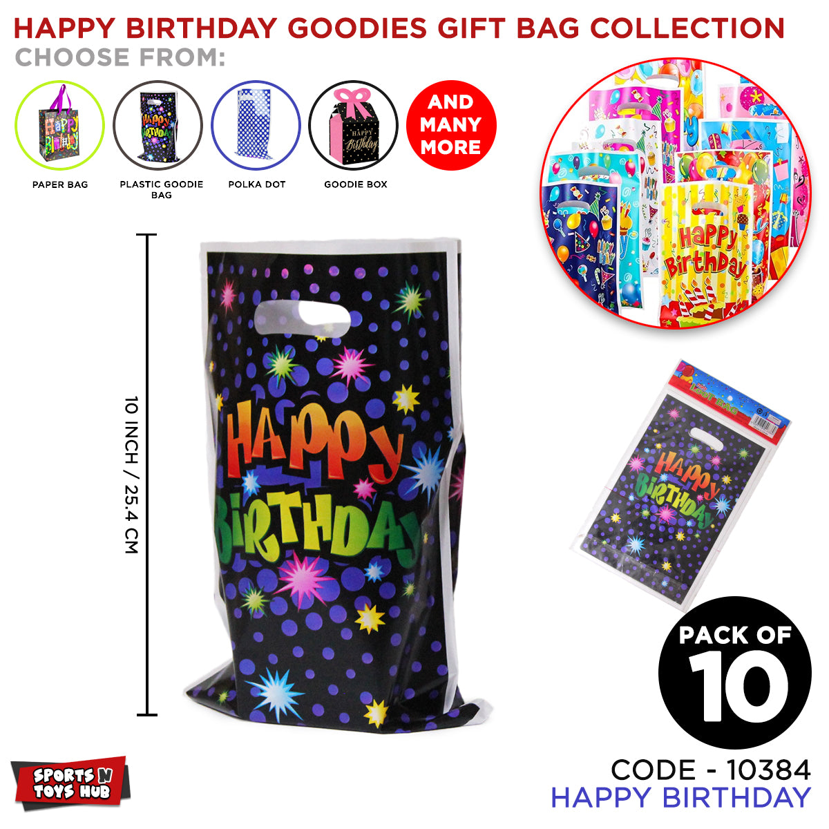 Printed Happy Birthday Goodies Gift Bags - 10 Pcs
