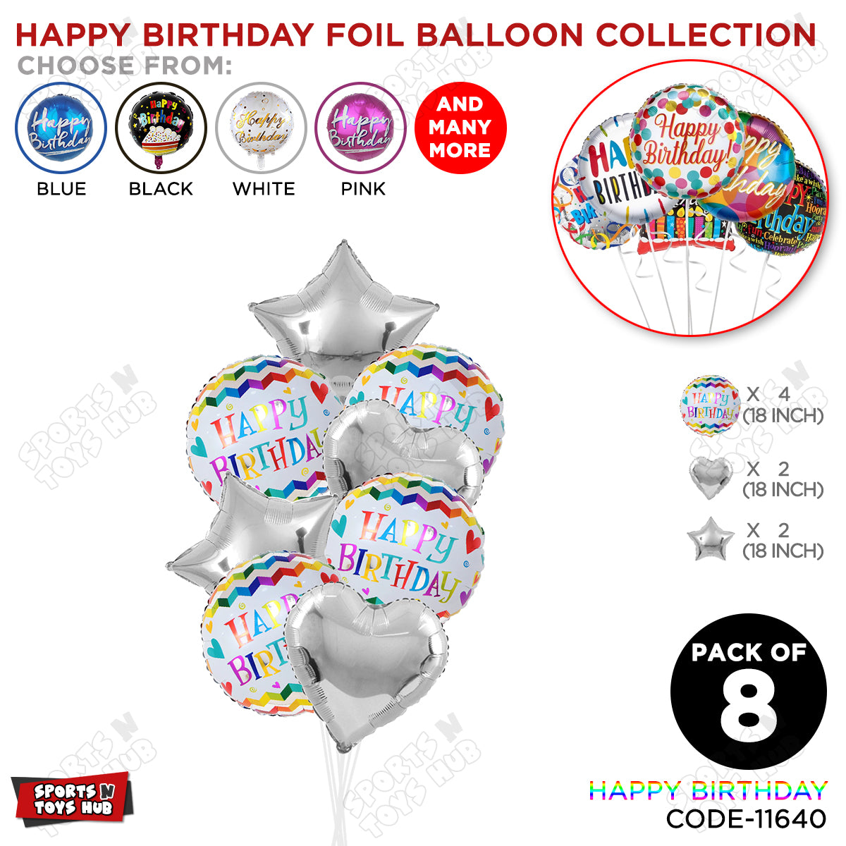 Happy Birthday Foil Balloons With Colorful Chevron Pattern - Pack Of 8