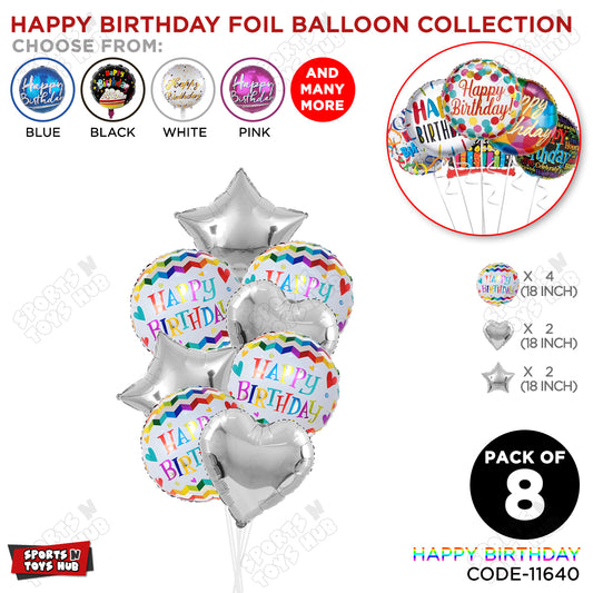 Happy Birthday Foil Balloons With Colorful Chevron Pattern - Pack Of 8
