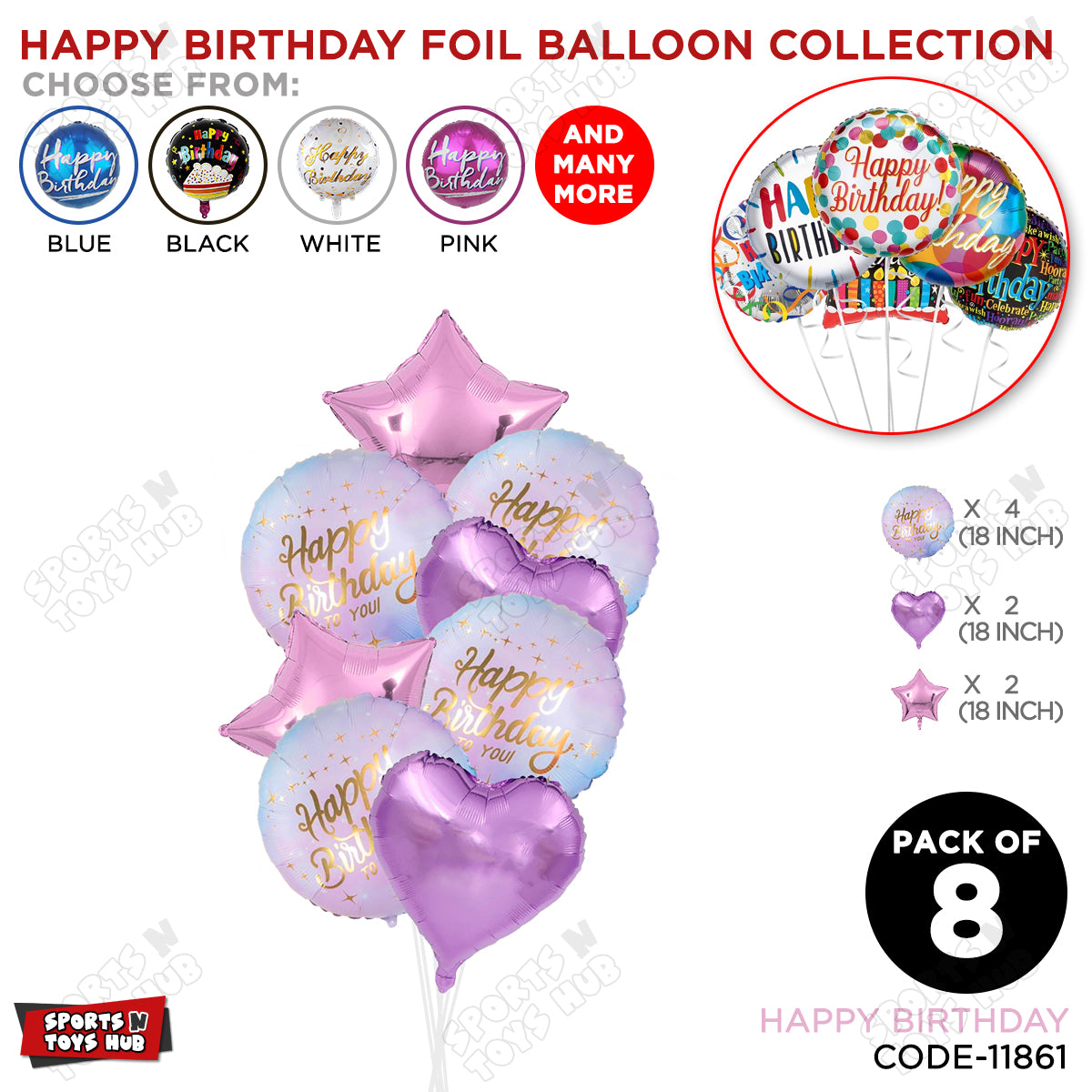 Printed Happy Birthday Shape Foil Balloon - Pack Of 8
