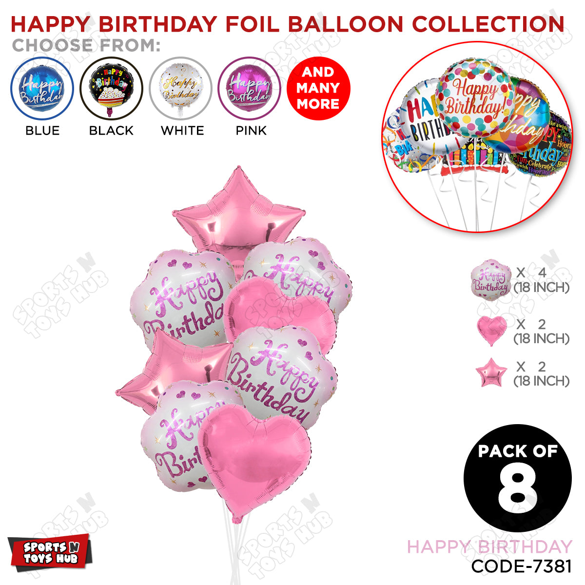Happy Birthday Printed Foil Round Balloons - Pack Of 8