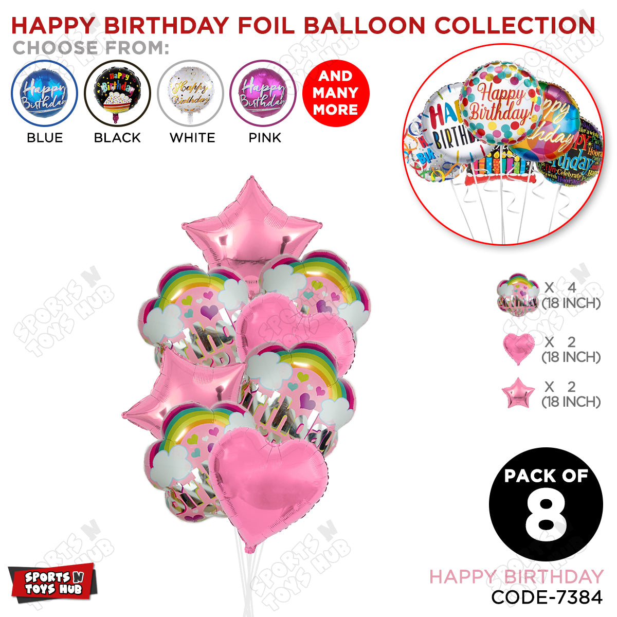 Happy Birthday Printed Cloud Shape Foil Balloons - Pack Of 8