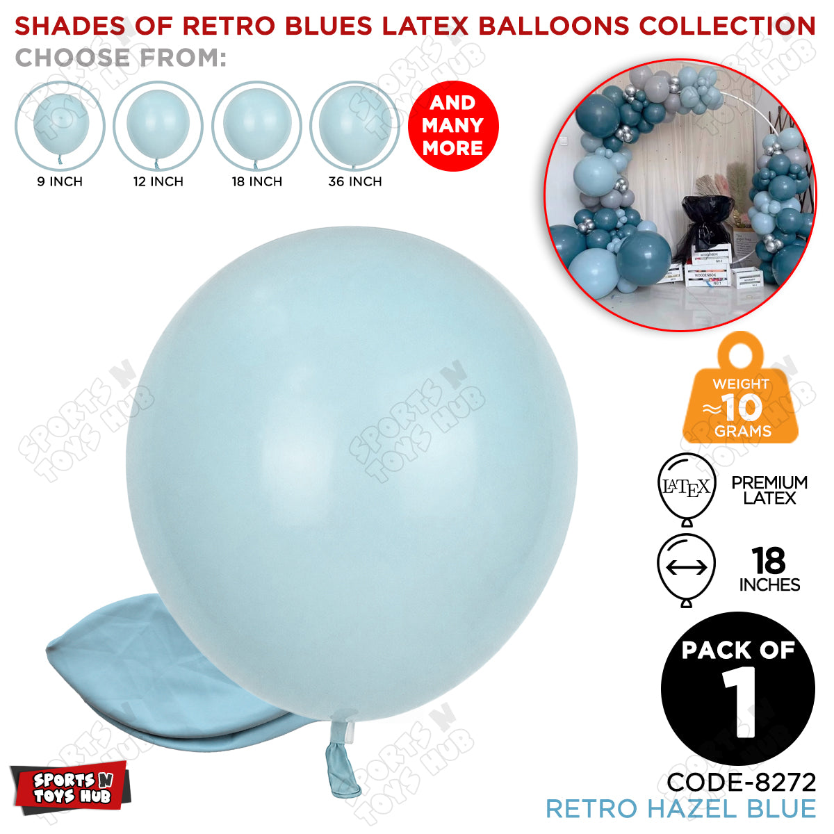 Hazel Blue Latex Balloons Available In 12, 18 & 36 Inch Sizes