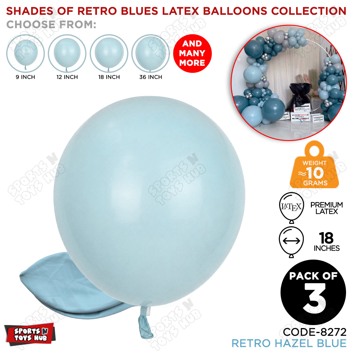 Hazel Blue Latex Balloons Available In 12, 18 & 36 Inch Sizes