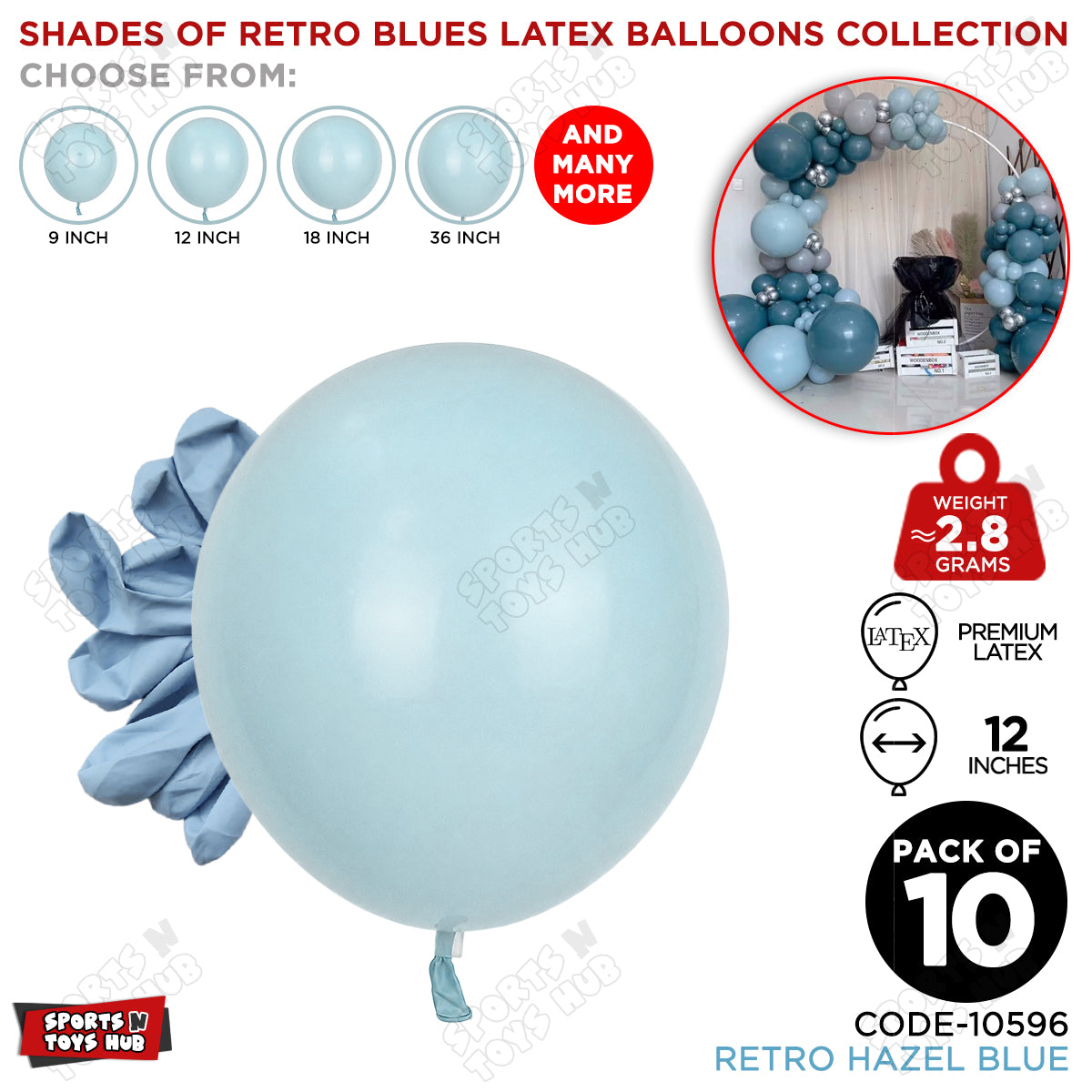 Hazel Blue Latex Balloons Available In 12, 18 & 36 Inch Sizes