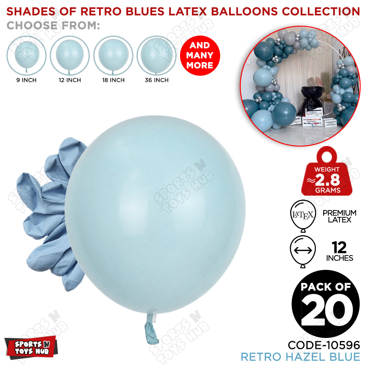 Hazel Blue Latex Balloons Available In 12, 18 & 36 Inch Sizes
