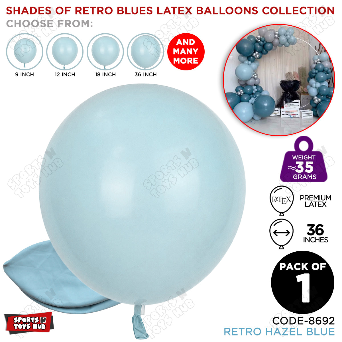 Hazel Blue Latex Balloons Available In 12, 18 & 36 Inch Sizes