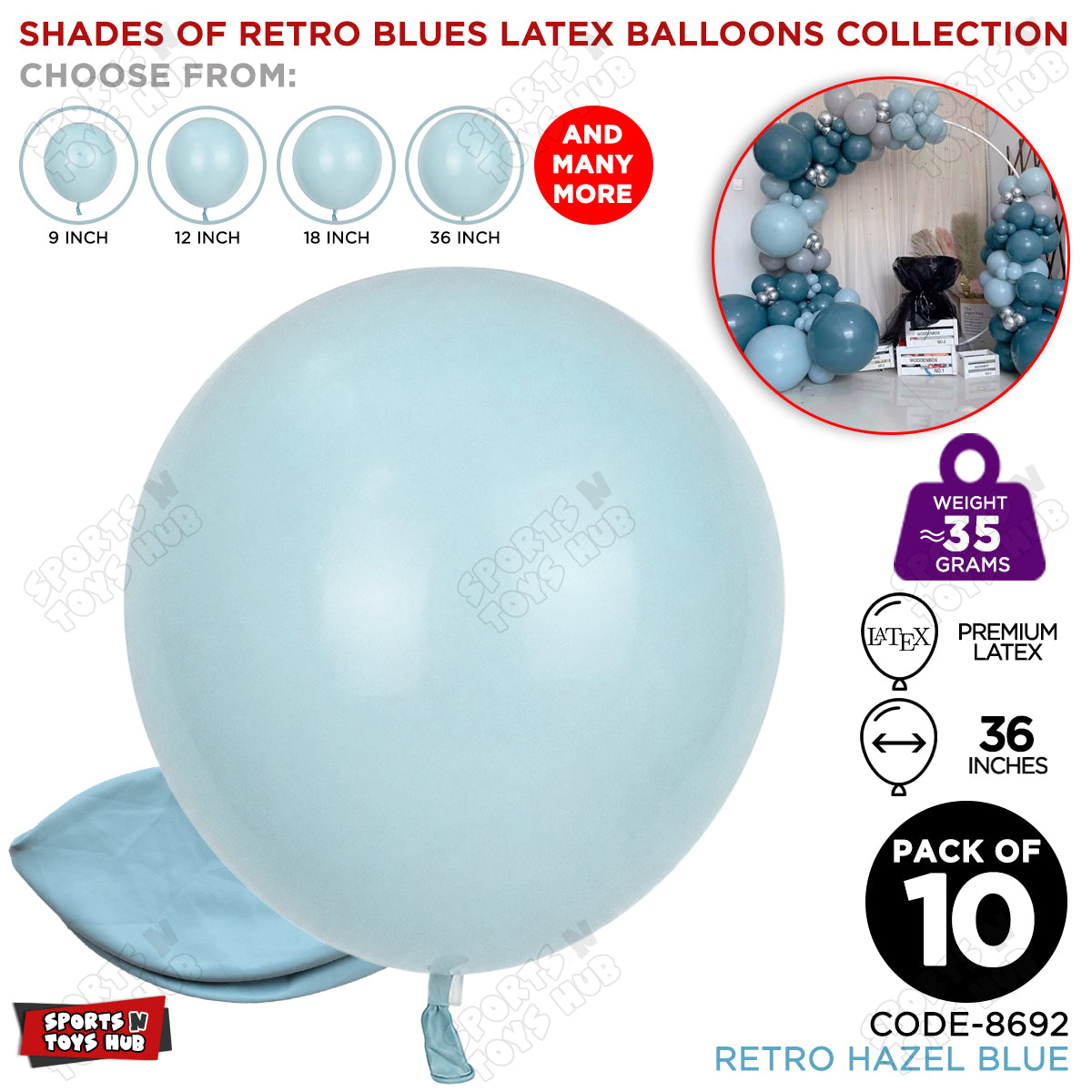 Hazel Blue Latex Balloons Available In 12, 18 & 36 Inch Sizes